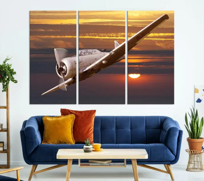 The Avi Wall Art Airplane on Sunset Canvas Print showcases a vintage airplane soaring at sunset across three panels. Crafted on museum-quality canvases with UV-protective coating, it is designed to preserve its timeless beauty.