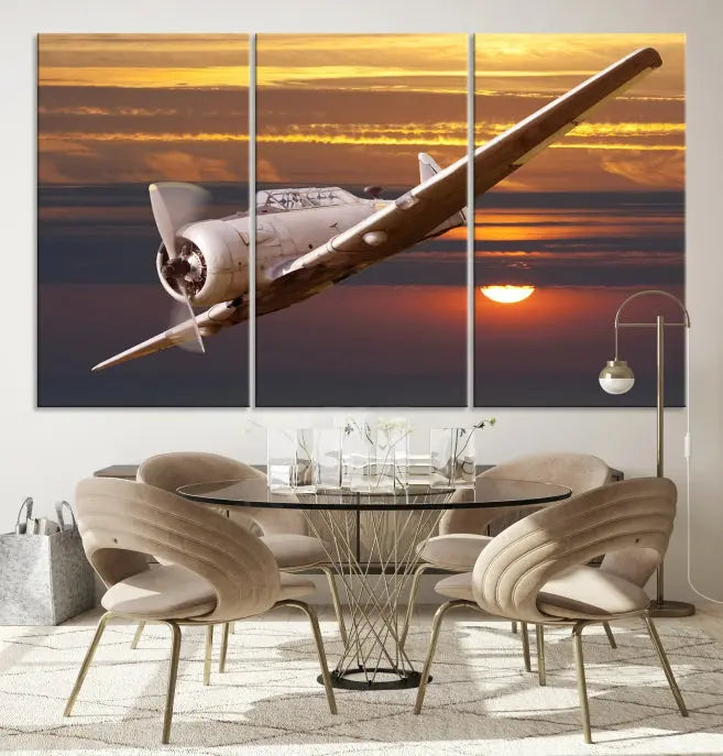 The Avi Wall Art Airplane on Sunset Canvas Print showcases a vintage airplane soaring at sunset across three panels. Crafted on museum-quality canvases with UV-protective coating, it is designed to preserve its timeless beauty.