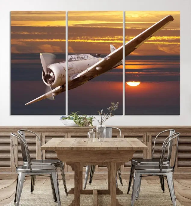 The Avi Wall Art Airplane on Sunset Canvas Print showcases a vintage airplane soaring at sunset across three panels. Crafted on museum-quality canvases with UV-protective coating, it is designed to preserve its timeless beauty.