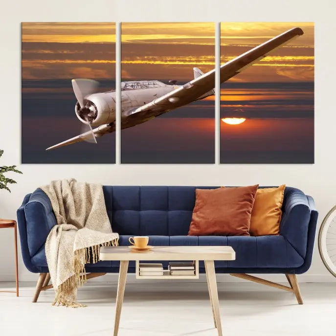 The Avi Wall Art Airplane on Sunset Canvas Print showcases a vintage airplane soaring at sunset across three panels. Crafted on museum-quality canvases with UV-protective coating, it is designed to preserve its timeless beauty.