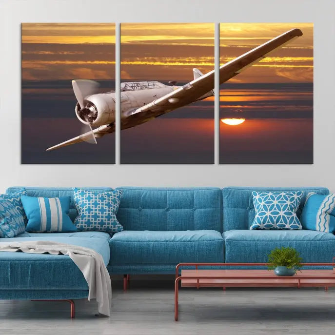 The Avi Wall Art Airplane on Sunset Canvas Print showcases a vintage airplane soaring at sunset across three panels. Crafted on museum-quality canvases with UV-protective coating, it is designed to preserve its timeless beauty.