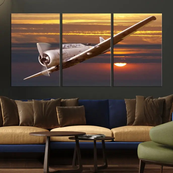 The Avi Wall Art Airplane on Sunset Canvas Print showcases a vintage airplane soaring at sunset across three panels. Crafted on museum-quality canvases with UV-protective coating, it is designed to preserve its timeless beauty.