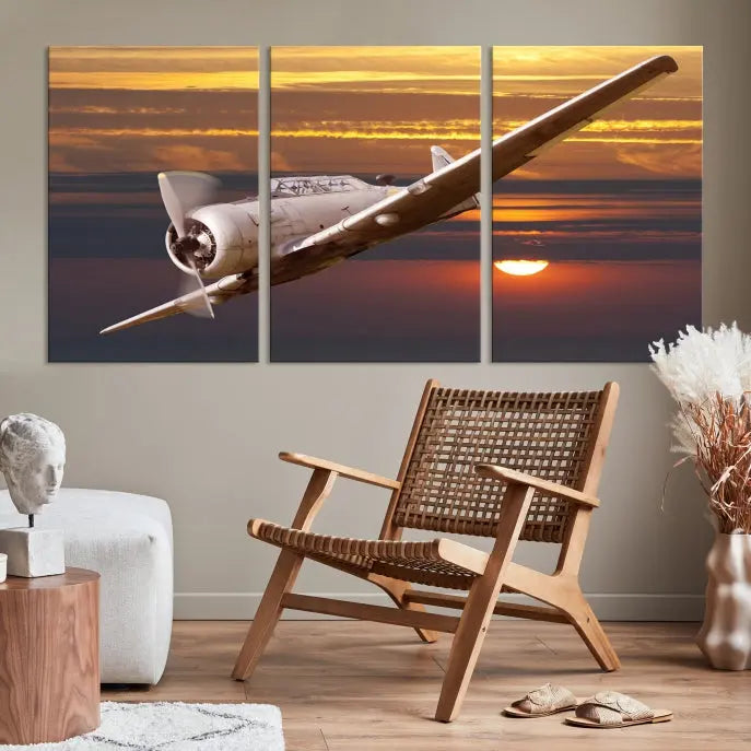 The Avi Wall Art Airplane on Sunset Canvas Print showcases a vintage airplane soaring at sunset across three panels. Crafted on museum-quality canvases with UV-protective coating, it is designed to preserve its timeless beauty.