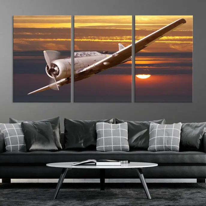 The Avi Wall Art Airplane on Sunset Canvas Print showcases a vintage airplane soaring at sunset across three panels. Crafted on museum-quality canvases with UV-protective coating, it is designed to preserve its timeless beauty.