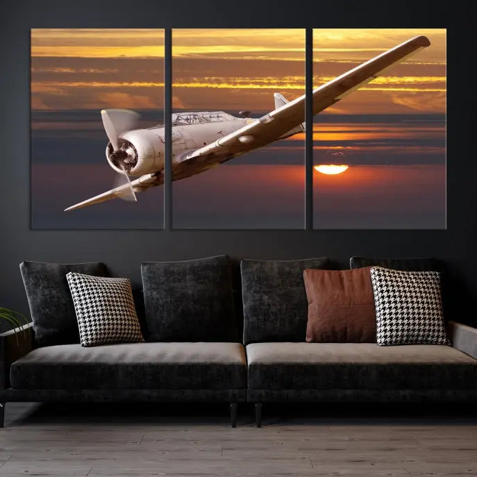 The Avi Wall Art Airplane on Sunset Canvas Print showcases a vintage airplane soaring at sunset across three panels. Crafted on museum-quality canvases with UV-protective coating, it is designed to preserve its timeless beauty.