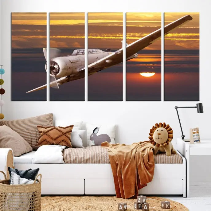 The Avi Wall Art Airplane on Sunset Canvas Print showcases a vintage airplane soaring at sunset across three panels. Crafted on museum-quality canvases with UV-protective coating, it is designed to preserve its timeless beauty.