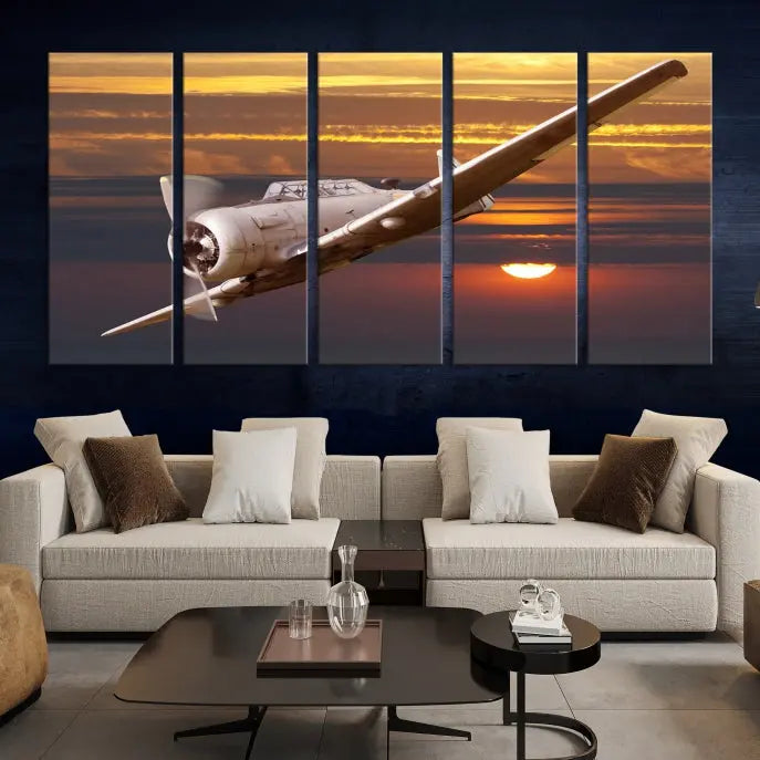 The Avi Wall Art Airplane on Sunset Canvas Print showcases a vintage airplane soaring at sunset across three panels. Crafted on museum-quality canvases with UV-protective coating, it is designed to preserve its timeless beauty.