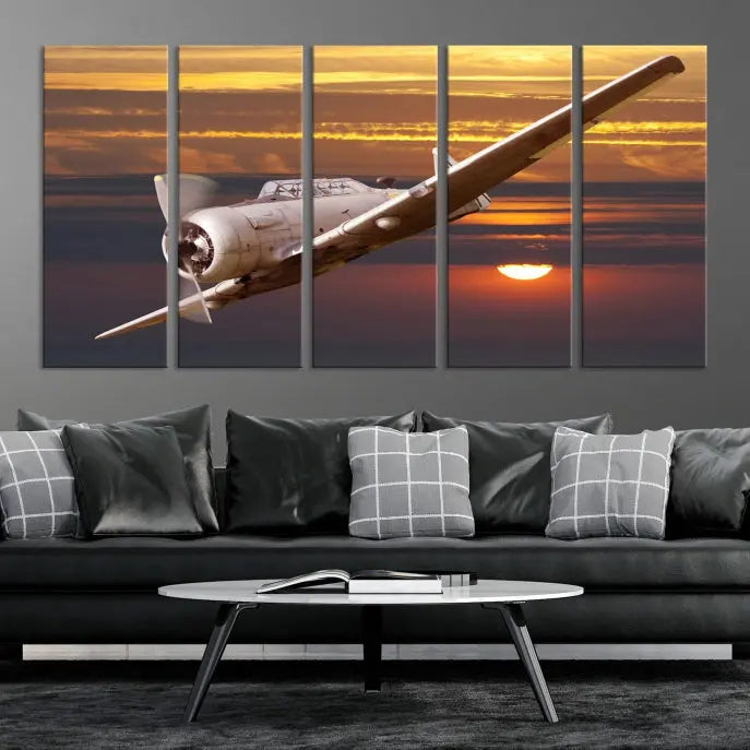 The Avi Wall Art Airplane on Sunset Canvas Print showcases a vintage airplane soaring at sunset across three panels. Crafted on museum-quality canvases with UV-protective coating, it is designed to preserve its timeless beauty.