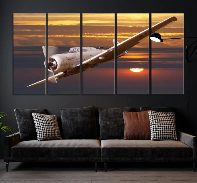 The Avi Wall Art Airplane on Sunset Canvas Print showcases a vintage airplane soaring at sunset across three panels. Crafted on museum-quality canvases with UV-protective coating, it is designed to preserve its timeless beauty.