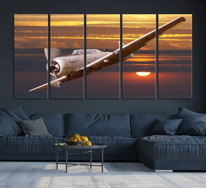 The Avi Wall Art Airplane on Sunset Canvas Print showcases a vintage airplane soaring at sunset across three panels. Crafted on museum-quality canvases with UV-protective coating, it is designed to preserve its timeless beauty.