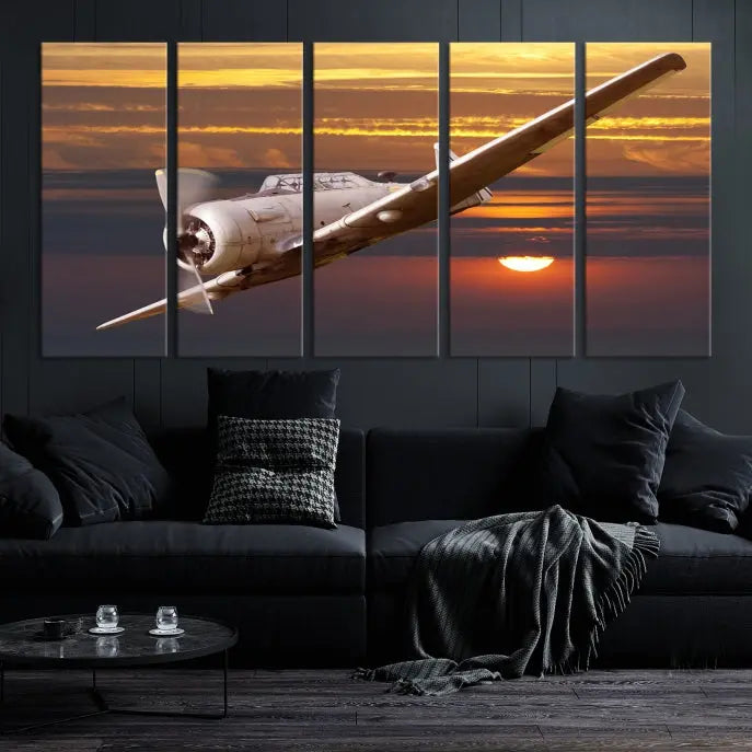 The Avi Wall Art Airplane on Sunset Canvas Print showcases a vintage airplane soaring at sunset across three panels. Crafted on museum-quality canvases with UV-protective coating, it is designed to preserve its timeless beauty.