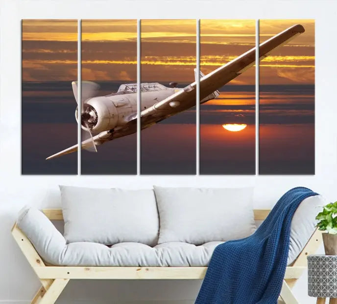 The Avi Wall Art Airplane on Sunset Canvas Print showcases a vintage airplane soaring at sunset across three panels. Crafted on museum-quality canvases with UV-protective coating, it is designed to preserve its timeless beauty.