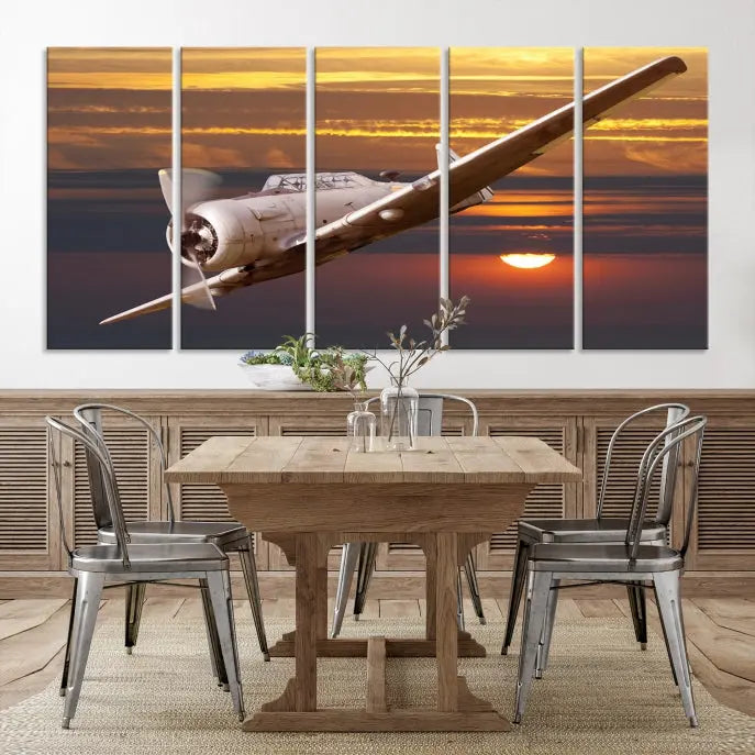 The Avi Wall Art Airplane on Sunset Canvas Print showcases a vintage airplane soaring at sunset across three panels. Crafted on museum-quality canvases with UV-protective coating, it is designed to preserve its timeless beauty.