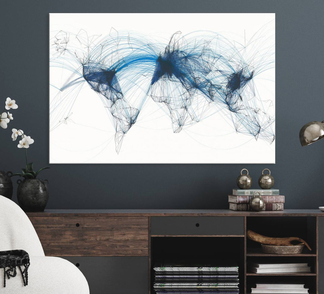 Aviation Flight Map Wall Art | Ready to Hang Framed Air Traffic Art Print | Modern Global Connectivity Decor for Office or Home