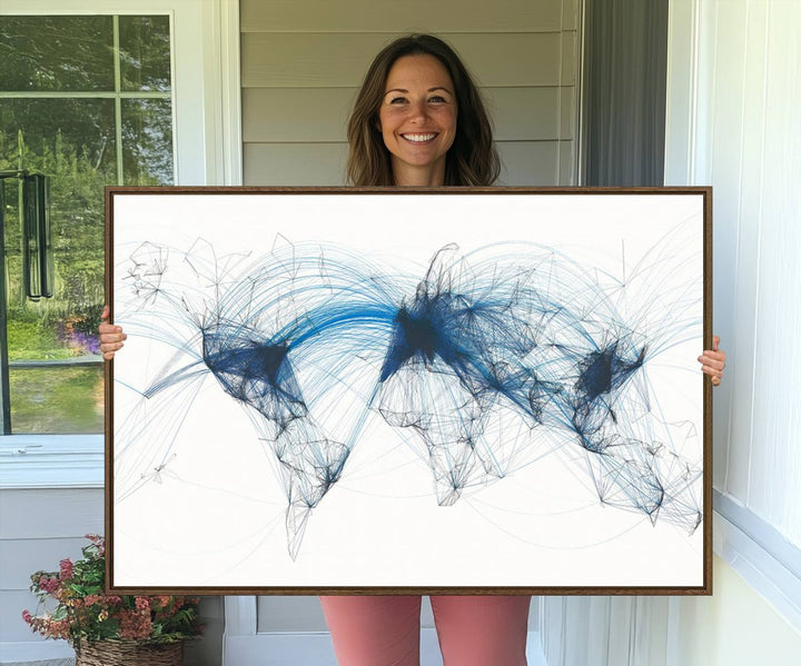 Aviation Flight Map Wall Art | Ready to Hang Framed Air Traffic Art Print | Modern Global Connectivity Decor for Office or Home