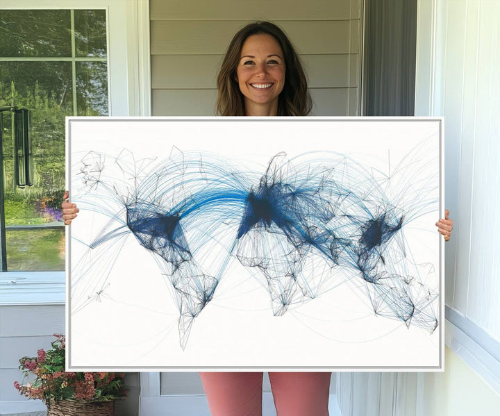 Aviation Flight Map Wall Art | Ready to Hang Framed Air Traffic Art Print | Modern Global Connectivity Decor for Office or Home