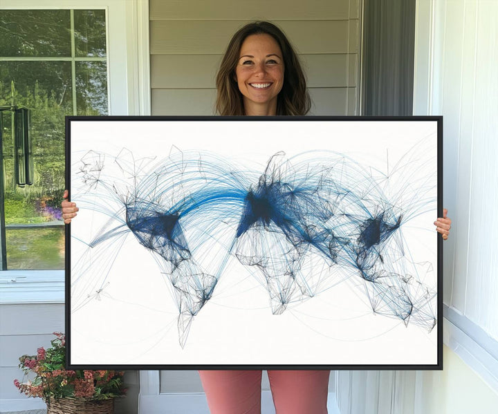 Aviation Flight Map Wall Art | Ready to Hang Framed Air Traffic Art Print | Modern Global Connectivity Decor for Office or Home