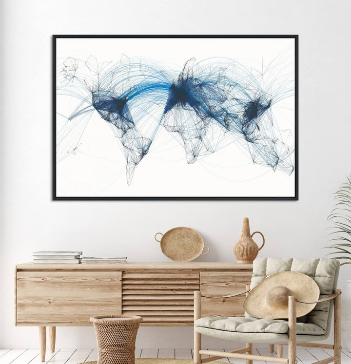 Aviation Flight Map Wall Art | Ready to Hang Framed Air Traffic Art Print | Modern Global Connectivity Decor for Office or Home