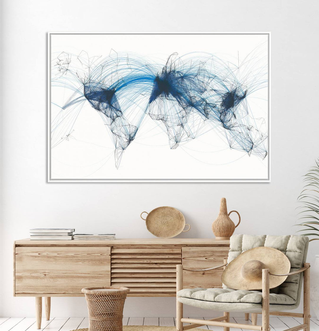 Aviation Flight Map Wall Art | Ready to Hang Framed Air Traffic Art Print | Modern Global Connectivity Decor for Office or Home