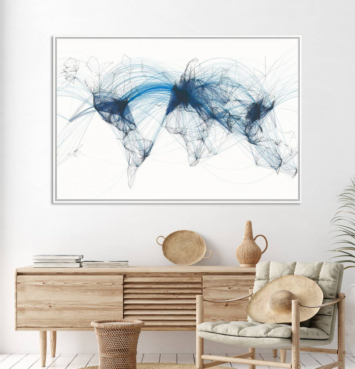 Aviation Flight Map Wall Art | Ready to Hang Framed Air Traffic Art Print | Modern Global Connectivity Decor for Office or Home