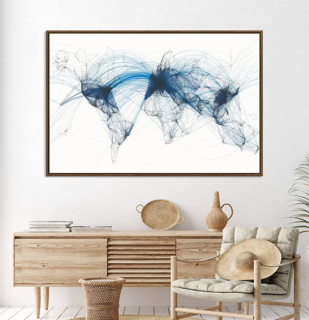 Aviation Flight Map Wall Art | Ready to Hang Framed Air Traffic Art Print | Modern Global Connectivity Decor for Office or Home