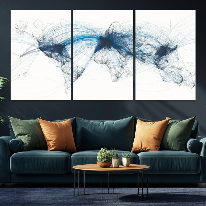 Aviation Flight Map Wall Art | Ready to Hang Framed Air Traffic Art Print | Modern Global Connectivity Decor for Office or Home