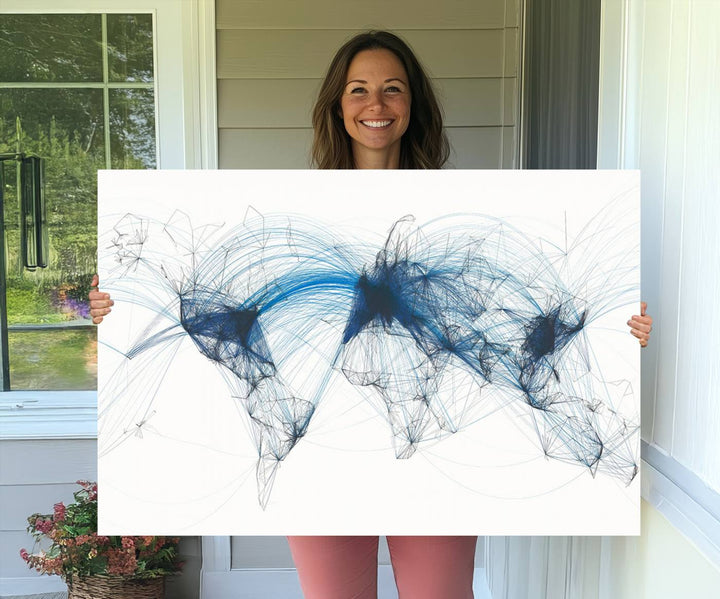 Aviation Flight Map Wall Art | Ready to Hang Framed Air Traffic Art Print | Modern Global Connectivity Decor for Office or Home