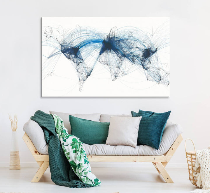 Aviation Flight Map Wall Art | Ready to Hang Framed Air Traffic Art Print | Modern Global Connectivity Decor for Office or Home