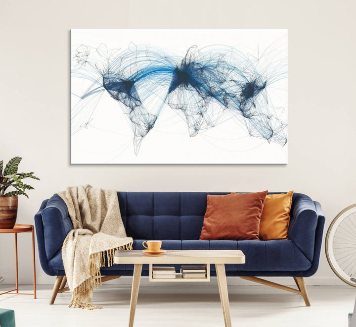 Aviation Flight Map Wall Art | Ready to Hang Framed Air Traffic Art Print | Modern Global Connectivity Decor for Office or Home