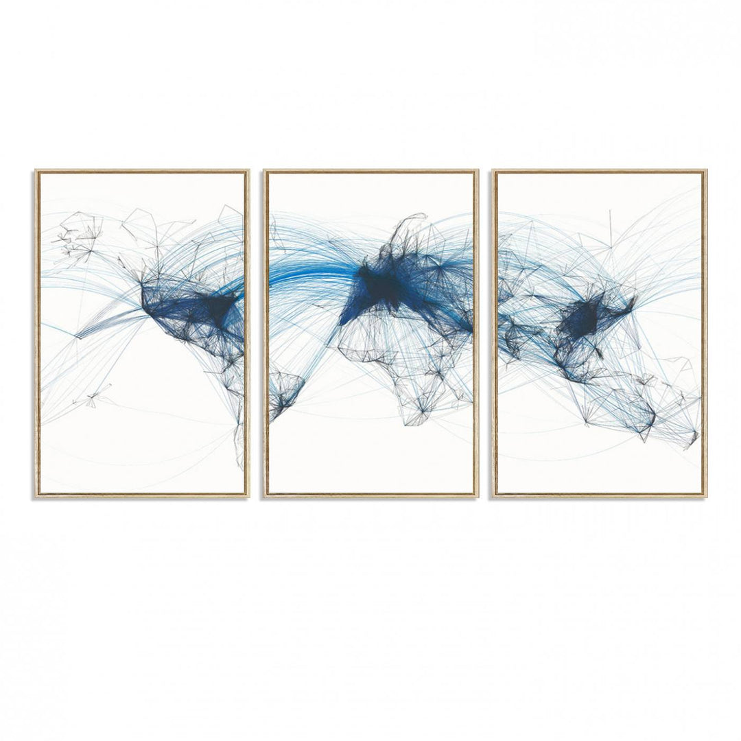 33145-MGV-FC-60X30-3P_Natural-Aviation Flight Map Wall Art | Ready to Hang Framed Air Traffic Art Print | Modern Global Connectivity Decor for Office or Home