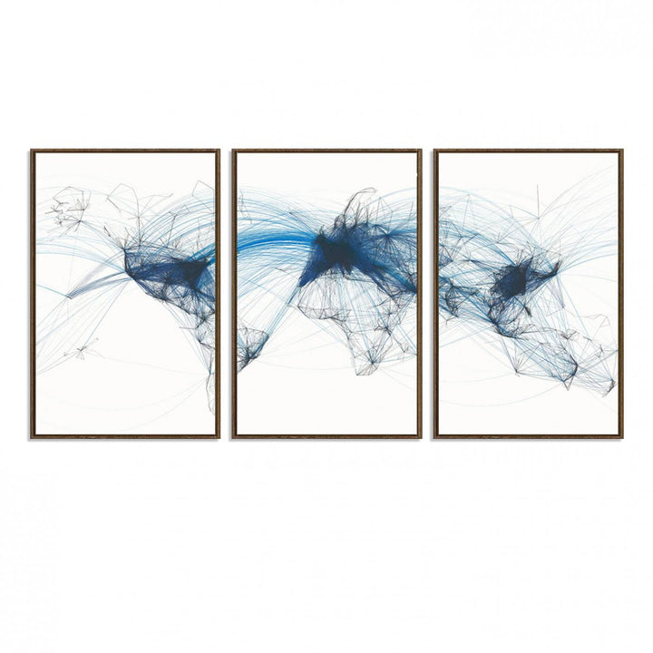 33145-MGV-FC-60X30-3P_Walnut-Aviation Flight Map Wall Art | Ready to Hang Framed Air Traffic Art Print | Modern Global Connectivity Decor for Office or Home
