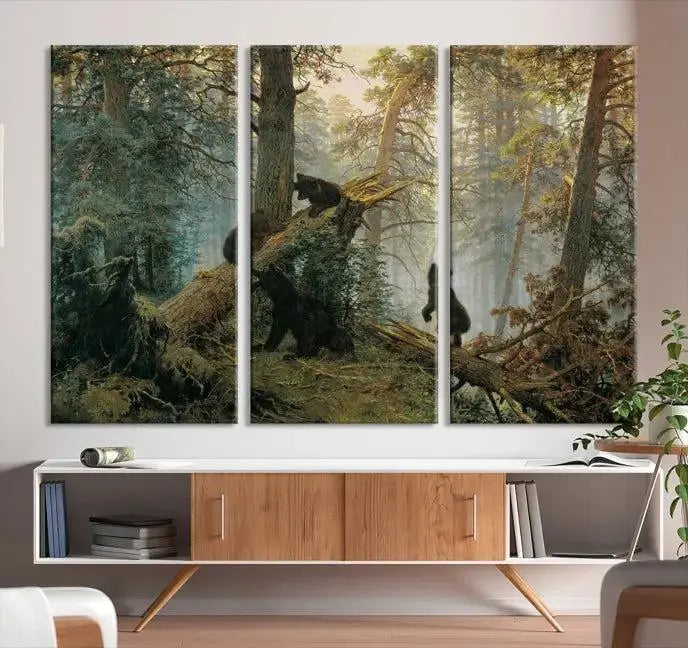 The "Baby Bears in Forest Wall Art Canvas Print" is a triptych featuring bears amidst a dense forest setting. It is crafted on museum-quality polycotton with a UV-protective coating, ensuring lasting vibrancy and detail.