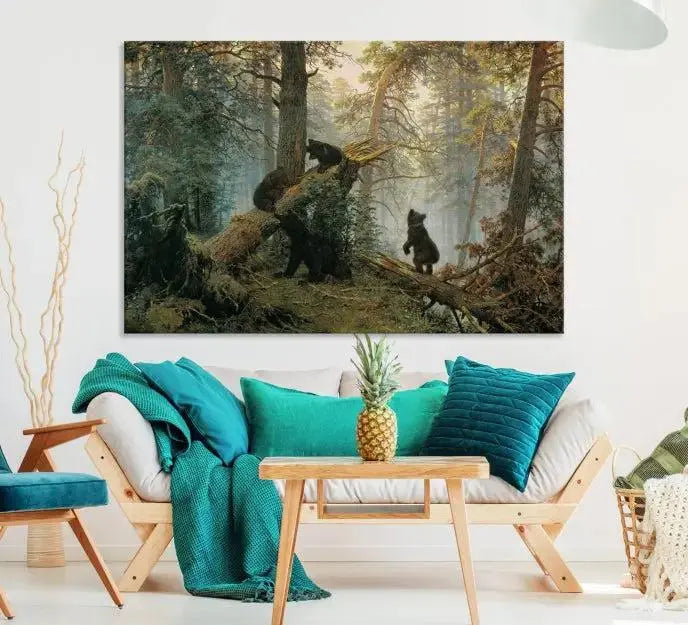 The "Baby Bears in Forest Wall Art Canvas Print" is a triptych featuring bears amidst a dense forest setting. It is crafted on museum-quality polycotton with a UV-protective coating, ensuring lasting vibrancy and detail.