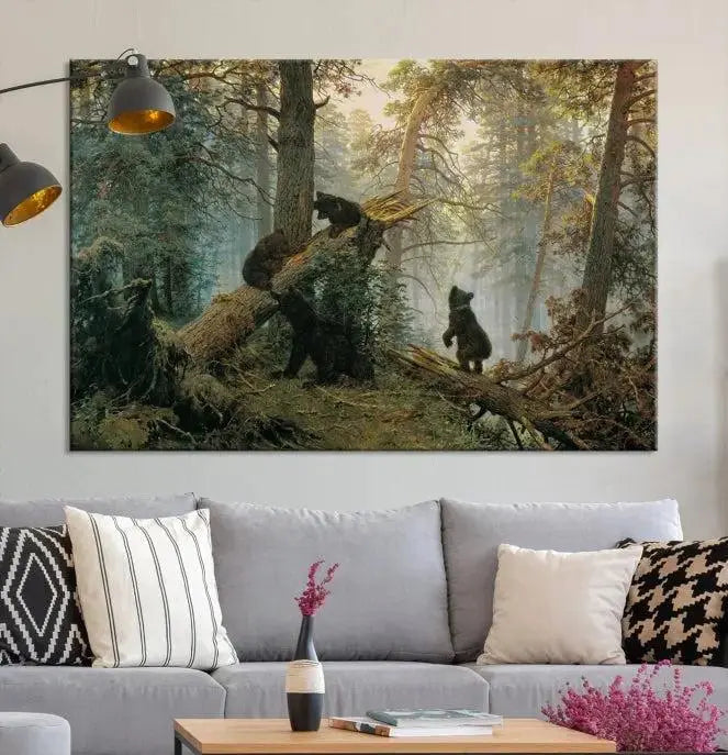 The "Baby Bears in Forest Wall Art Canvas Print" is a triptych featuring bears amidst a dense forest setting. It is crafted on museum-quality polycotton with a UV-protective coating, ensuring lasting vibrancy and detail.