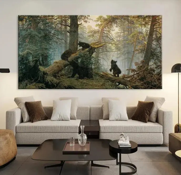 The "Baby Bears in Forest Wall Art Canvas Print" is a triptych featuring bears amidst a dense forest setting. It is crafted on museum-quality polycotton with a UV-protective coating, ensuring lasting vibrancy and detail.