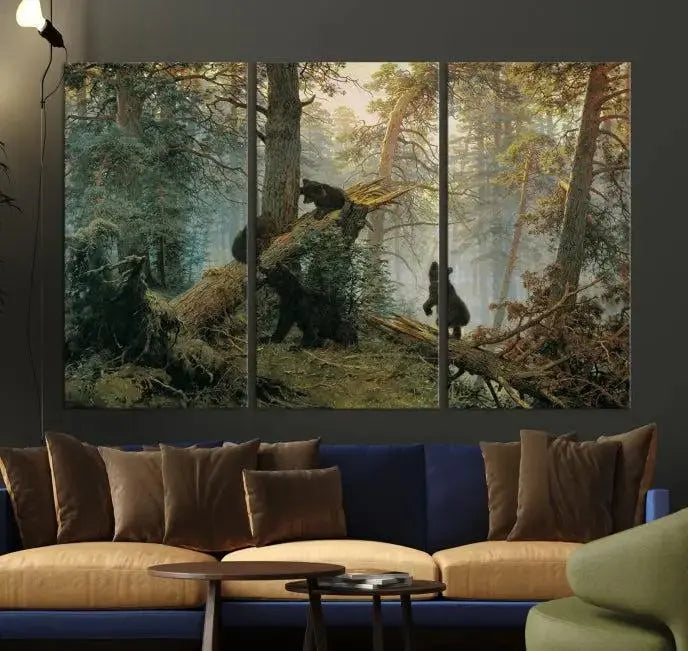 The "Baby Bears in Forest Wall Art Canvas Print" is a triptych featuring bears amidst a dense forest setting. It is crafted on museum-quality polycotton with a UV-protective coating, ensuring lasting vibrancy and detail.