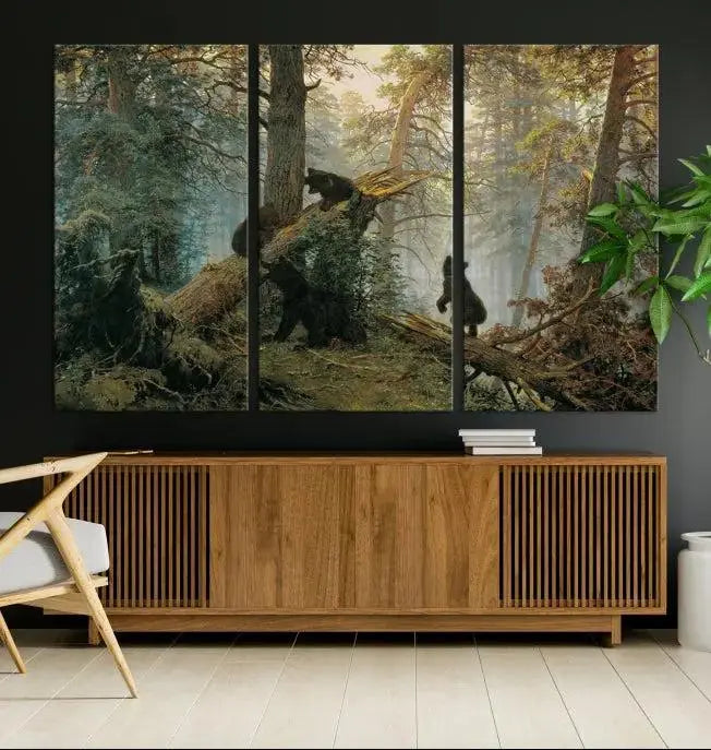 The "Baby Bears in Forest Wall Art Canvas Print" is a triptych featuring bears amidst a dense forest setting. It is crafted on museum-quality polycotton with a UV-protective coating, ensuring lasting vibrancy and detail.