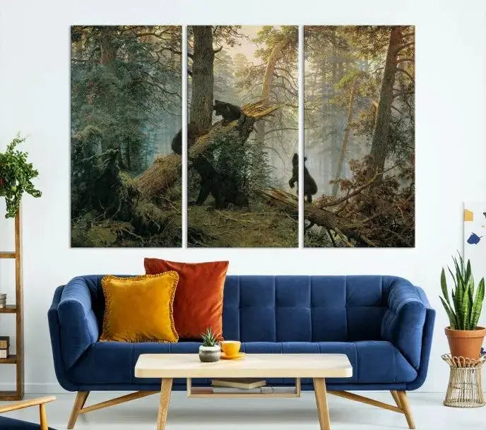 The "Baby Bears in Forest Wall Art Canvas Print" is a triptych featuring bears amidst a dense forest setting. It is crafted on museum-quality polycotton with a UV-protective coating, ensuring lasting vibrancy and detail.