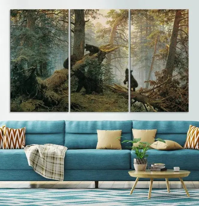 The "Baby Bears in Forest Wall Art Canvas Print" is a triptych featuring bears amidst a dense forest setting. It is crafted on museum-quality polycotton with a UV-protective coating, ensuring lasting vibrancy and detail.