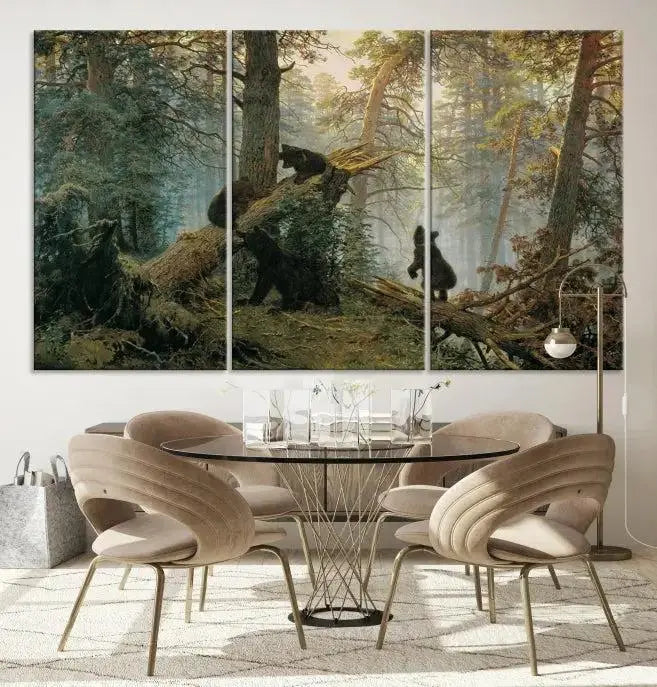 The "Baby Bears in Forest Wall Art Canvas Print" is a triptych featuring bears amidst a dense forest setting. It is crafted on museum-quality polycotton with a UV-protective coating, ensuring lasting vibrancy and detail.