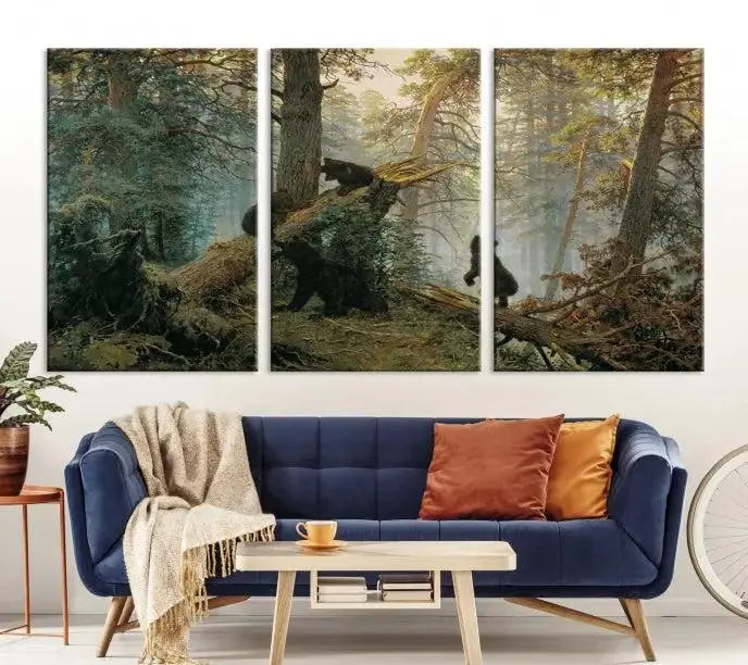 The "Baby Bears in Forest Wall Art Canvas Print" is a triptych featuring bears amidst a dense forest setting. It is crafted on museum-quality polycotton with a UV-protective coating, ensuring lasting vibrancy and detail.