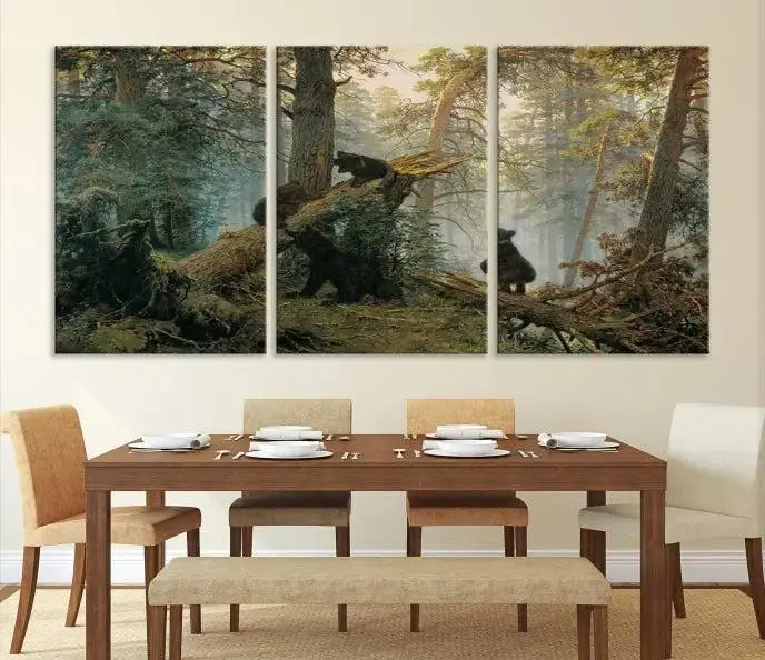 The "Baby Bears in Forest Wall Art Canvas Print" is a triptych featuring bears amidst a dense forest setting. It is crafted on museum-quality polycotton with a UV-protective coating, ensuring lasting vibrancy and detail.