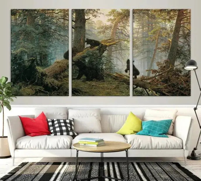 The "Baby Bears in Forest Wall Art Canvas Print" is a triptych featuring bears amidst a dense forest setting. It is crafted on museum-quality polycotton with a UV-protective coating, ensuring lasting vibrancy and detail.