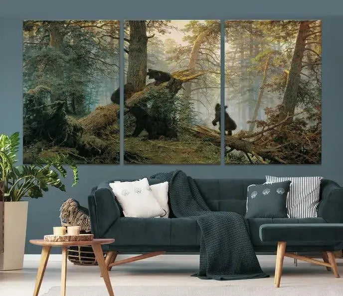 The "Baby Bears in Forest Wall Art Canvas Print" is a triptych featuring bears amidst a dense forest setting. It is crafted on museum-quality polycotton with a UV-protective coating, ensuring lasting vibrancy and detail.