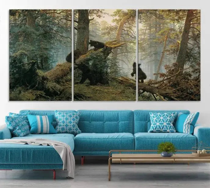 The "Baby Bears in Forest Wall Art Canvas Print" is a triptych featuring bears amidst a dense forest setting. It is crafted on museum-quality polycotton with a UV-protective coating, ensuring lasting vibrancy and detail.