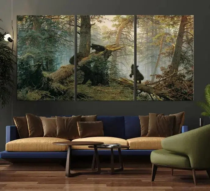 The "Baby Bears in Forest Wall Art Canvas Print" is a triptych featuring bears amidst a dense forest setting. It is crafted on museum-quality polycotton with a UV-protective coating, ensuring lasting vibrancy and detail.