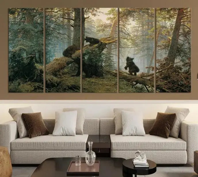 The "Baby Bears in Forest Wall Art Canvas Print" is a triptych featuring bears amidst a dense forest setting. It is crafted on museum-quality polycotton with a UV-protective coating, ensuring lasting vibrancy and detail.