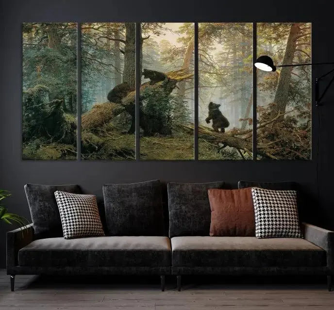 The "Baby Bears in Forest Wall Art Canvas Print" is a triptych featuring bears amidst a dense forest setting. It is crafted on museum-quality polycotton with a UV-protective coating, ensuring lasting vibrancy and detail.