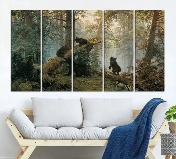 The "Baby Bears in Forest Wall Art Canvas Print" is a triptych featuring bears amidst a dense forest setting. It is crafted on museum-quality polycotton with a UV-protective coating, ensuring lasting vibrancy and detail.