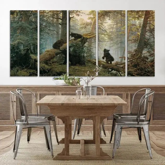 The "Baby Bears in Forest Wall Art Canvas Print" is a triptych featuring bears amidst a dense forest setting. It is crafted on museum-quality polycotton with a UV-protective coating, ensuring lasting vibrancy and detail.